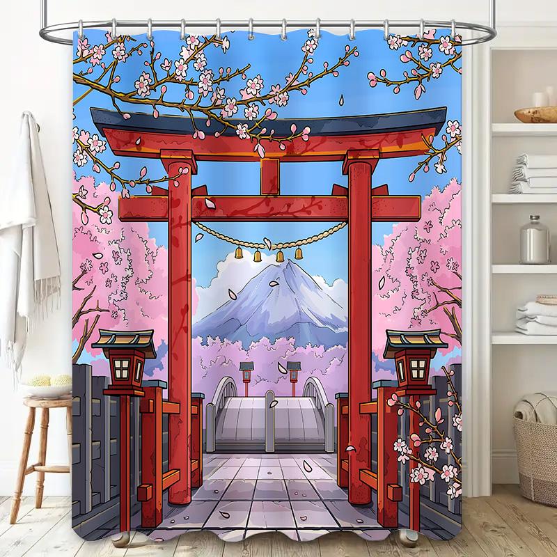 

Japanese Cherry Blossom Shrine Style Bathroom Curtain Elegant Japanese Theme Home Decor Item Waterproof Durable Elevate Space W60H190(CM)-1 Pcs