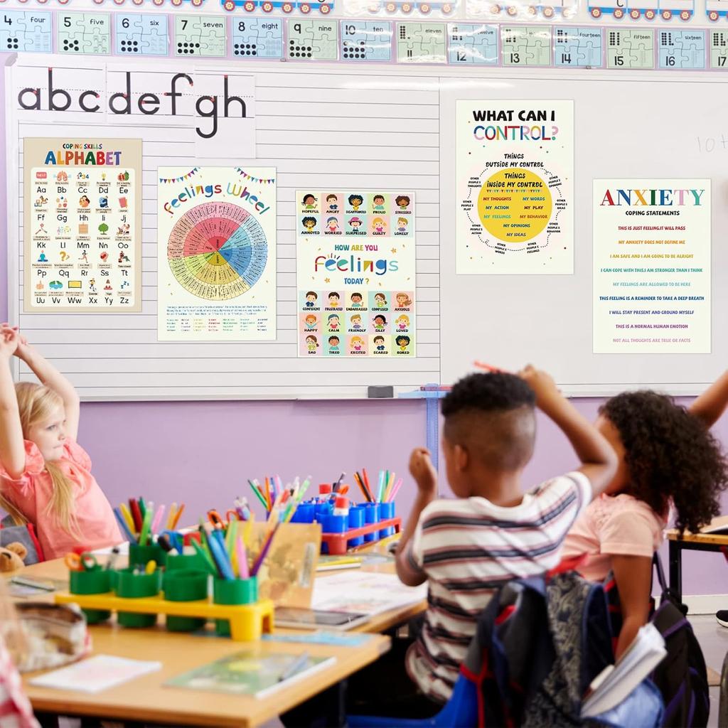 6 Pcs Mental Health Coping Skills Posters - Feeling Color Wheel Educational Emotions Therapy Wall Art for Classroom, School, Office, Pediatric