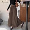 Elegant Fashion Autumn Winter Women Midi Skirt Elastic Waist Grey Black Purple Brown Navy Woolen Skirt Feminine Pleated Wool Warm Skirt