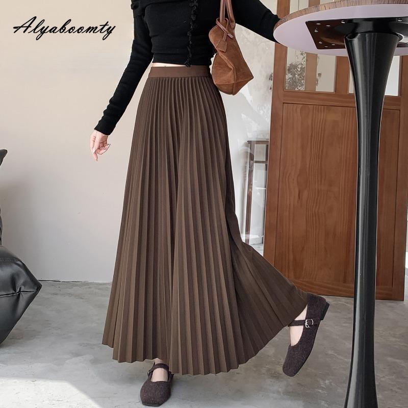 Elegant Fashion Autumn Winter Women Midi Skirt Elastic Waist Grey Black Purple Brown Navy Woolen Skirt Feminine Pleated Wool Warm Skirt