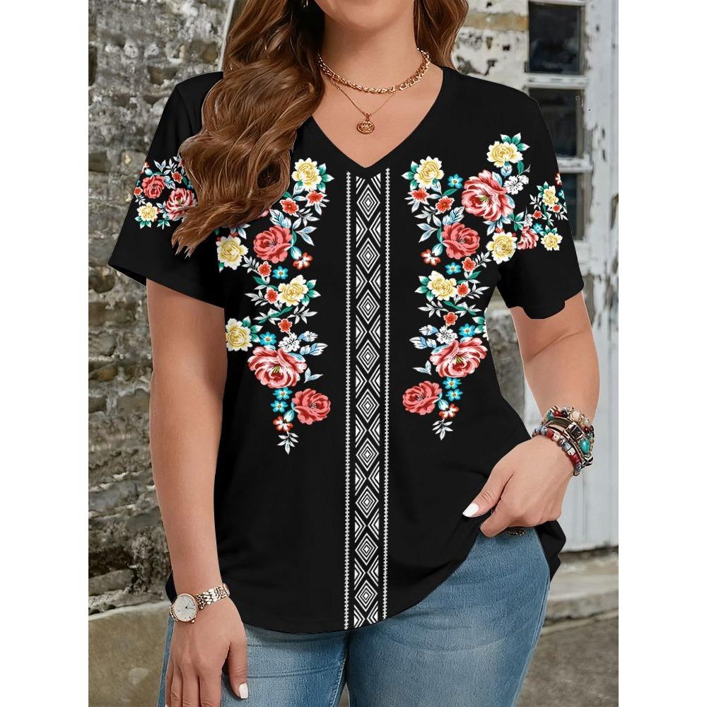 Summer Ethnic Style Floral 3D Print T-Shirts Women's V-Neck Short Sleeve T Shirt Y2k Harajuku Tees Casual Tops Female Clothing