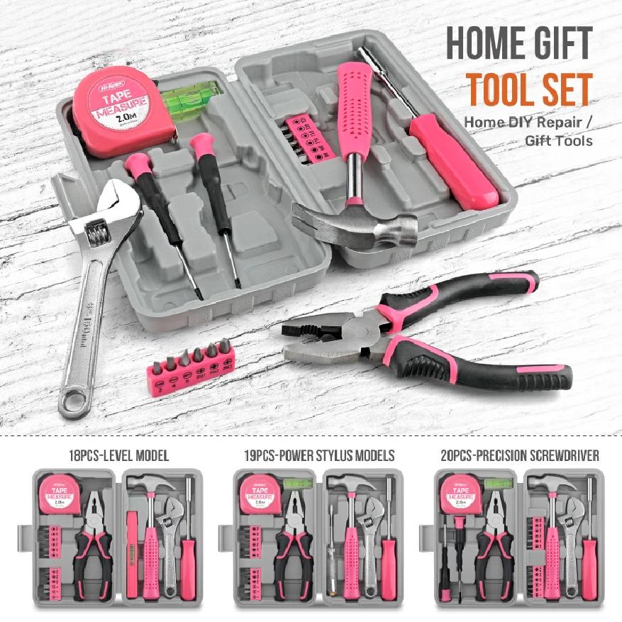 Manual Tool S18/19/20PCs Pink DIY Tool Kit with Electric Pen & CR-V Steel - Home Maintenance Hand Tools Set for Women & Car Care