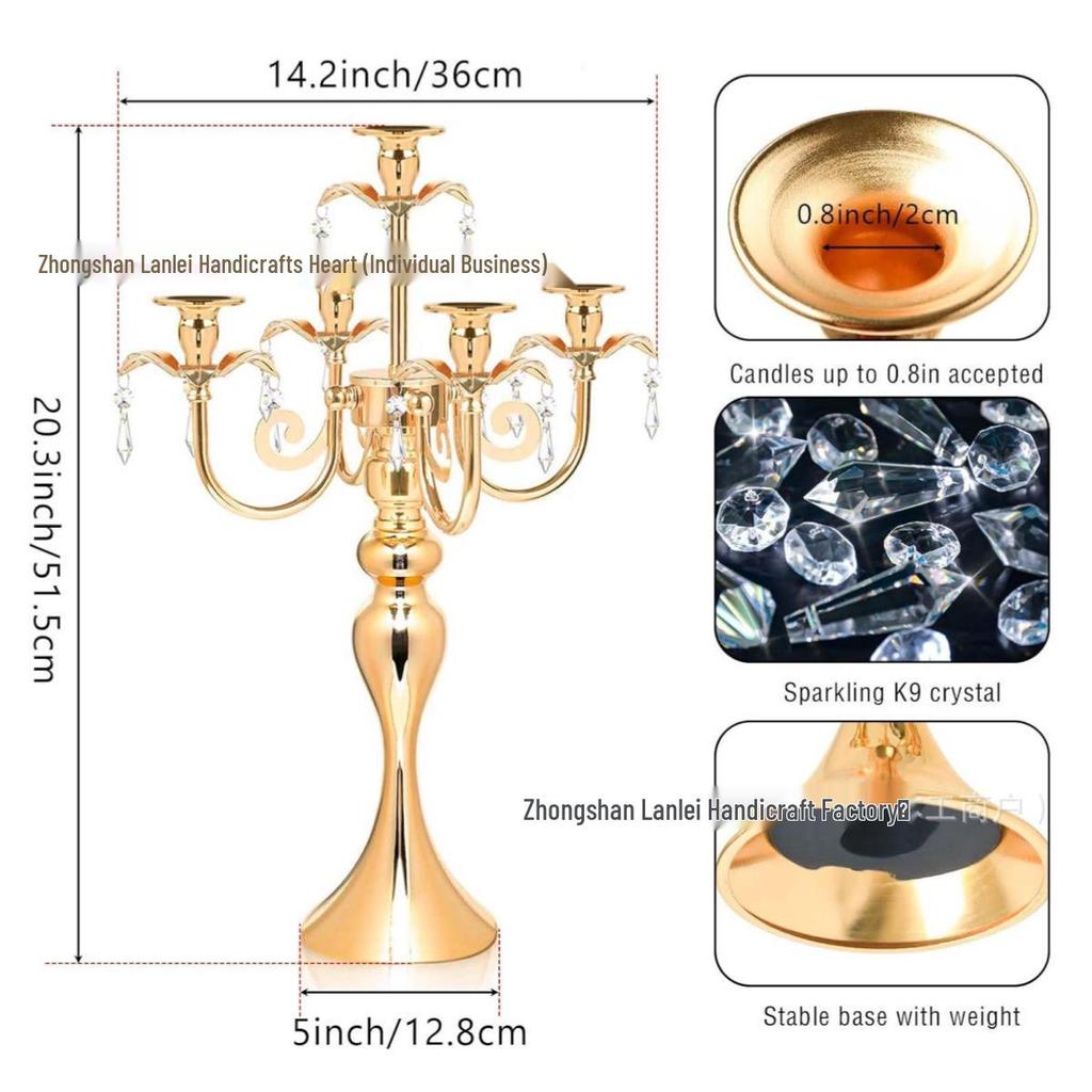 Gold European Retro Five-Head Metal Candle Holder for Weddings and Romantic Dinners