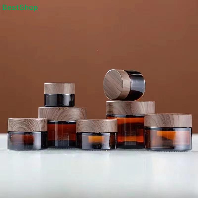 Amber Glass Cosmetic Jars with Wood Grain Lids – Refillable Containers for Cream, Lotion & Skincare