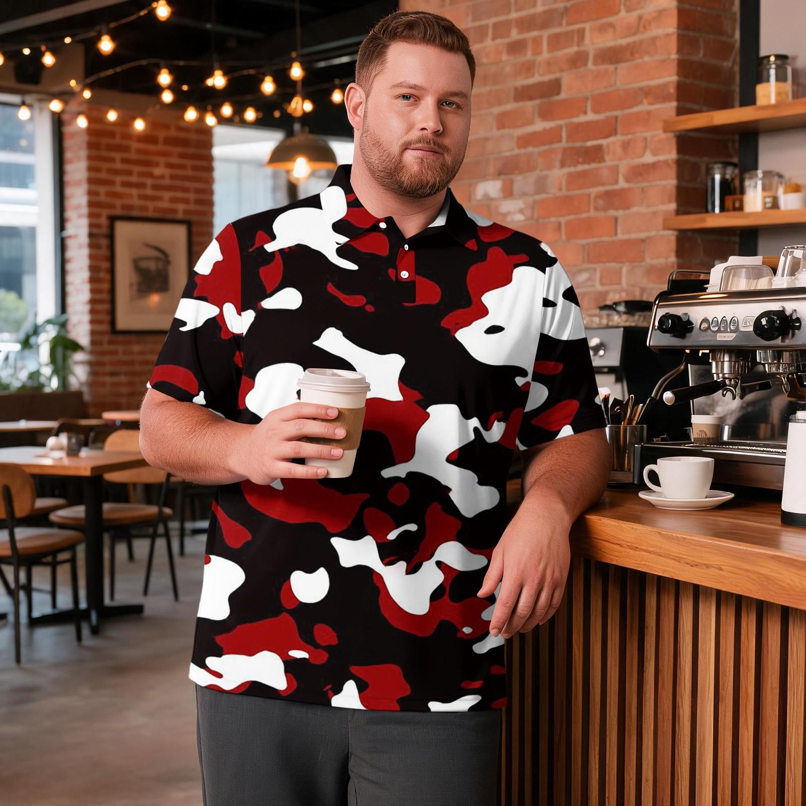 Men s Plus Size Camouflage Print Golf Polo Shirt Short Sleeve Breathable Casual Workwear Button Up Top for Everyday Use XXXXXL винный