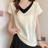 Women Sweaters Pullovers 2025 Summer Short Sleeve V-Neck Spliced Black Knitted Sweater Women Tops Pullover JJ231