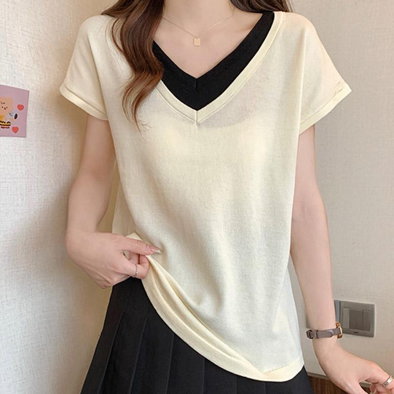 Women Sweaters Pullovers 2025 Summer Short Sleeve V-Neck Spliced Black Knitted Sweater Women Tops Pullover JJ231
