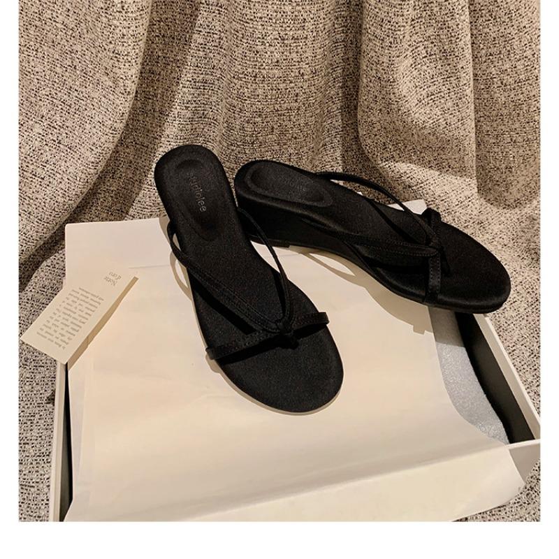 New Heel Height 6cm~ Silver Toe Outer Wear Temperament Beautiful Thin Belt Slope Heel Cool Slippers Summer
