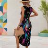 Women Plus Size Sleeveless U Neck Leaf Print Tank Dress High Side Slit Midi Dress