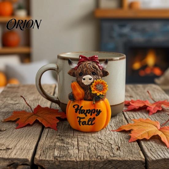 Autumn Harvest Pumpkin Decor Highland Cow Ornament, Resin Desktop Figurine Decorations, Creative Thanksgiving Table Centerpiece for Home Theme