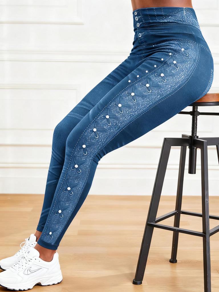 High-Waisted Faux Denim Butt-Lifting Yoga Pants - Women's Slimming Fitness Leggings, New European and American Style.