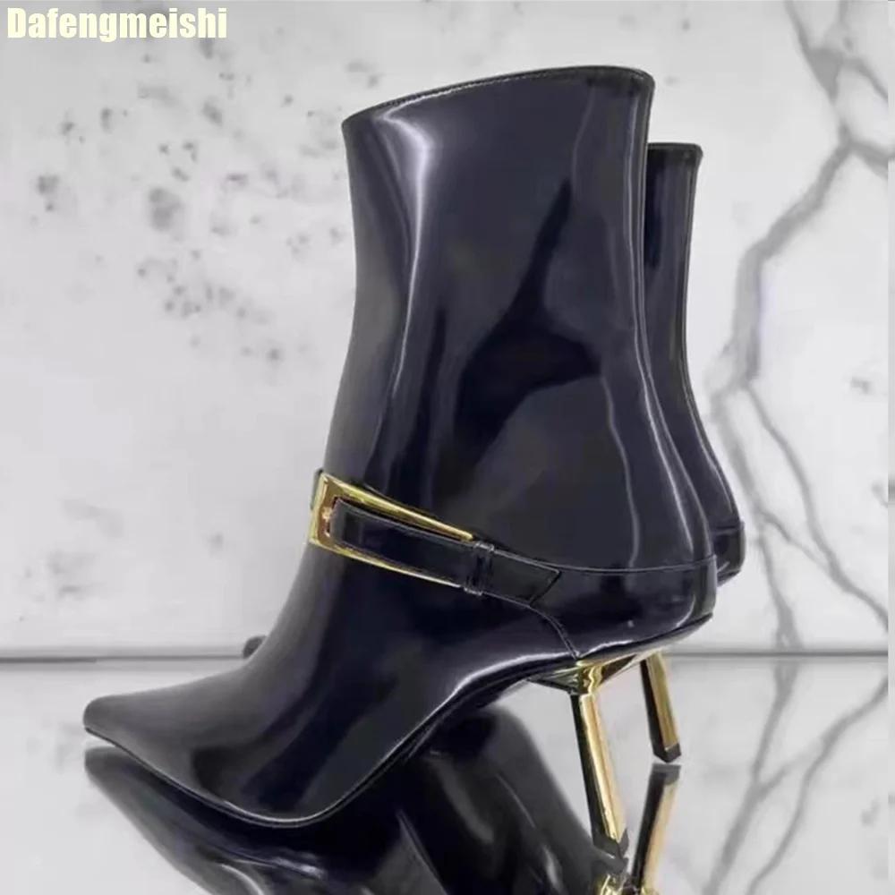 Fashion 2025 Spring New Style Metal Stiletto Pointed Ankle Boots Women Fashion High Heeled Patent Leather Side Zipper Black Fashion Boot