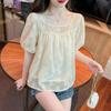 Summer Elegant Square Collar Shirt Sweet Hollow Out Embroidery Women's Loose French Style Puff Sleeve Spliced Folds Blouse