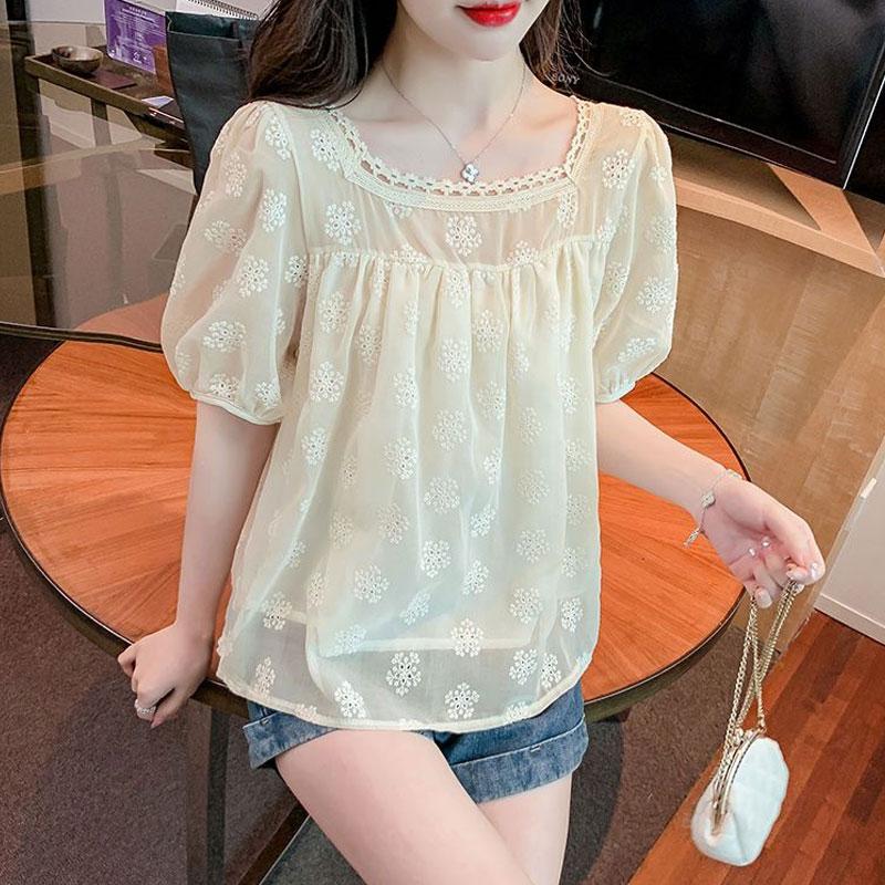Summer Elegant Square Collar Shirt Sweet Hollow Out Embroidery Women's Loose French Style Puff Sleeve Spliced Folds Blouse