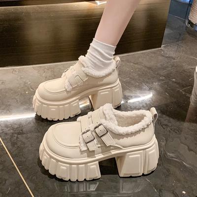 8.5CM Winter Warm Casual Leather Shoes Heels Women High Platform Fur Sneakers Thick Sole Plush Sport Leather Shoes Zapatos Mujer