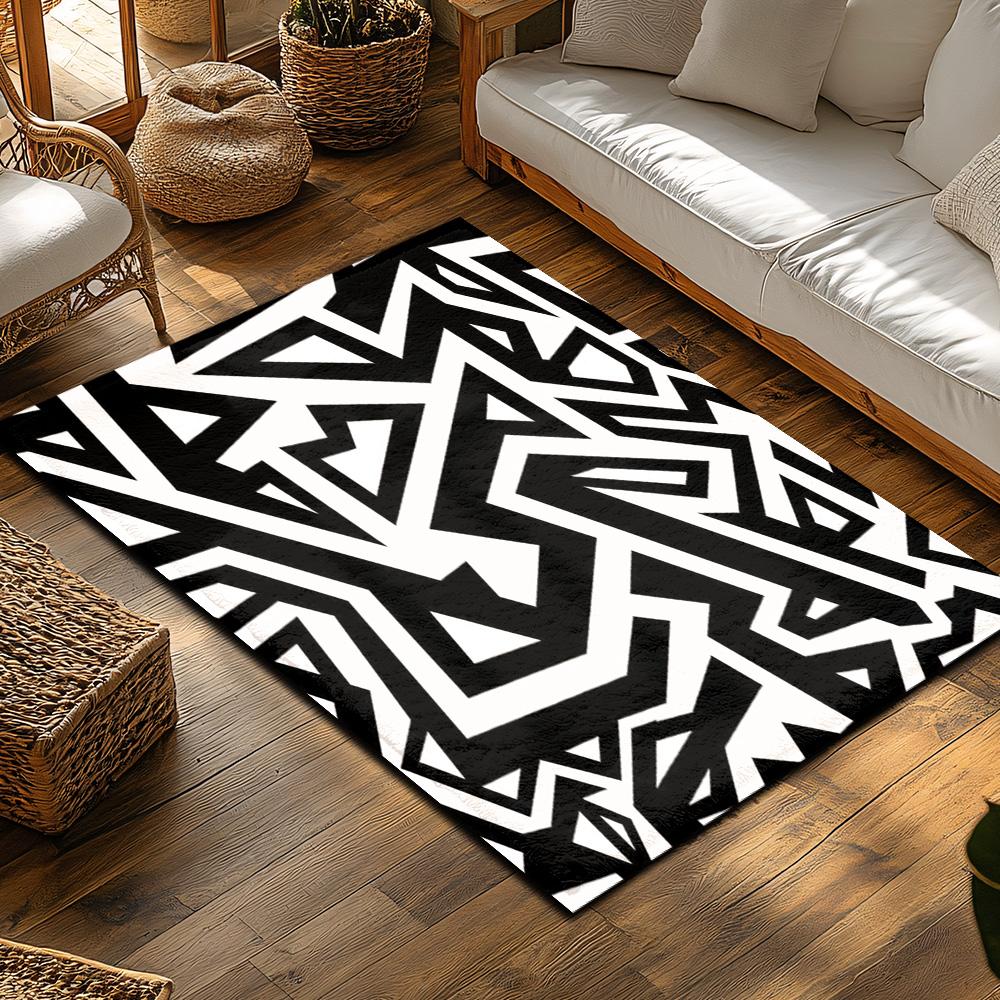 Tuniu Black White Geometric Zigzag Area Rug Non-Slip Home Floor Carpet Mat Room Decor
