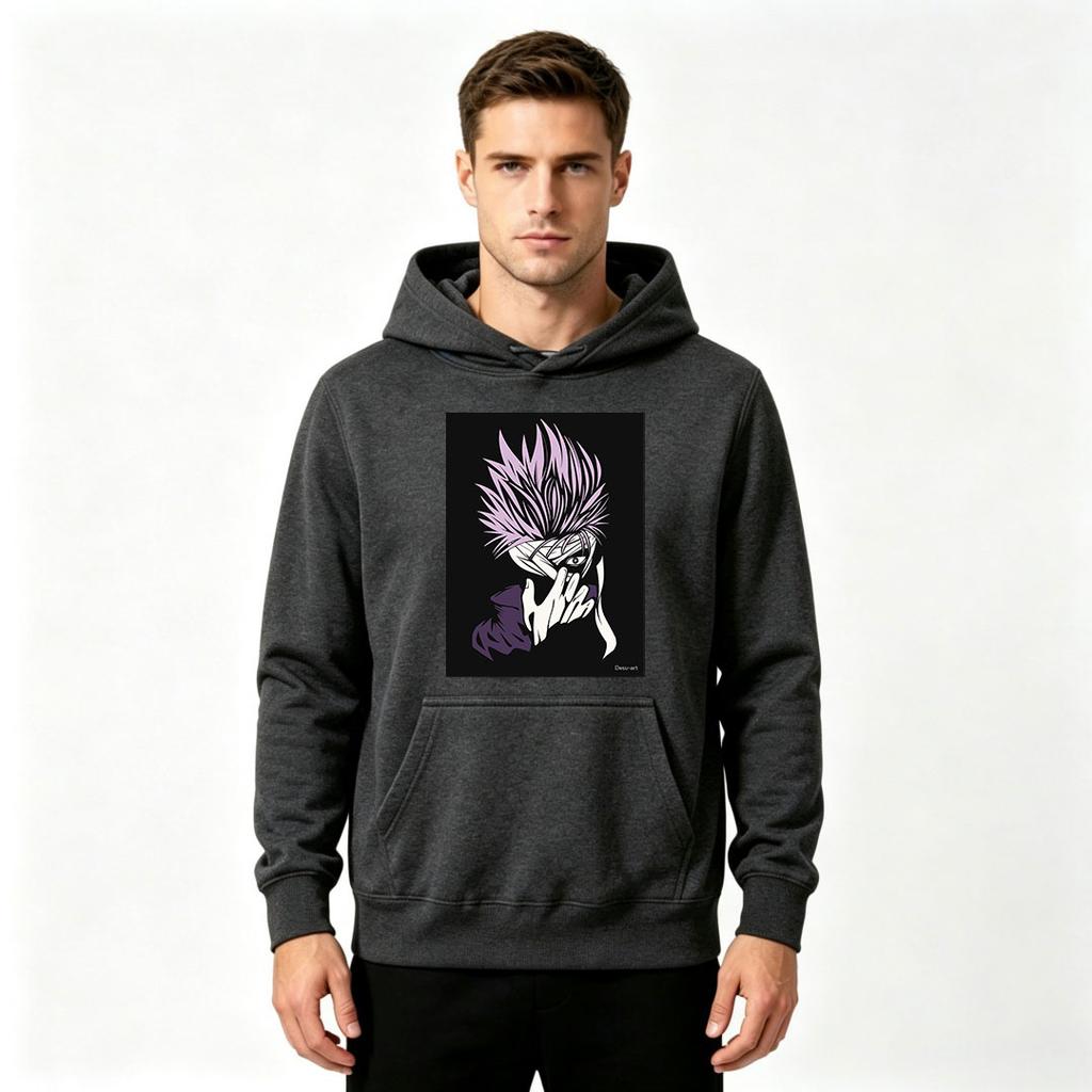Men Anime Spiky Purple Hair Character Print Pullover Hoodie Casual Long Sleeve Streetwear Sweatshirt