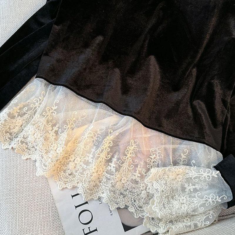 French Lace Patchwork Fake Two Piece Velvet Shirt for Women Autumn Casual Long Sleeve Fashion Elegant Blusas