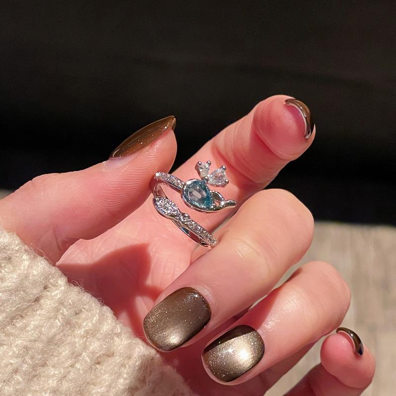 Sea Blue Fashion Dripping Oil Niche High-End Open Ring Zircon Light Luxury Love Accessories Women