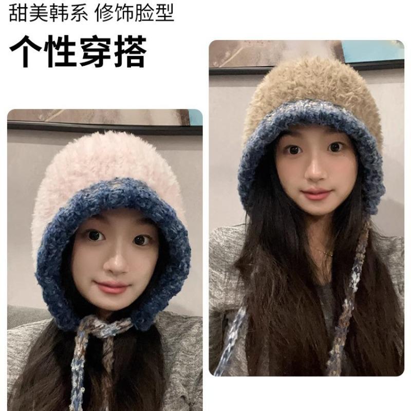 Autumn and Winter Plush Hat Women's New Big Head Circumference Warm Wool Hat Knitted Drawstring Headhat Thickened In Winter