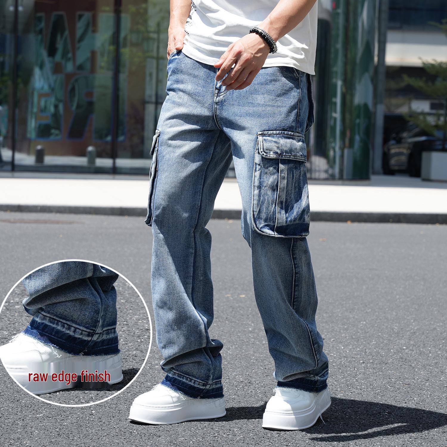 Top Men Wardrobe Heren Amerikaanse Stijl Wijde Pijp Losvallende Pasvorm Multi-Zak Werkkleding Jeans 34