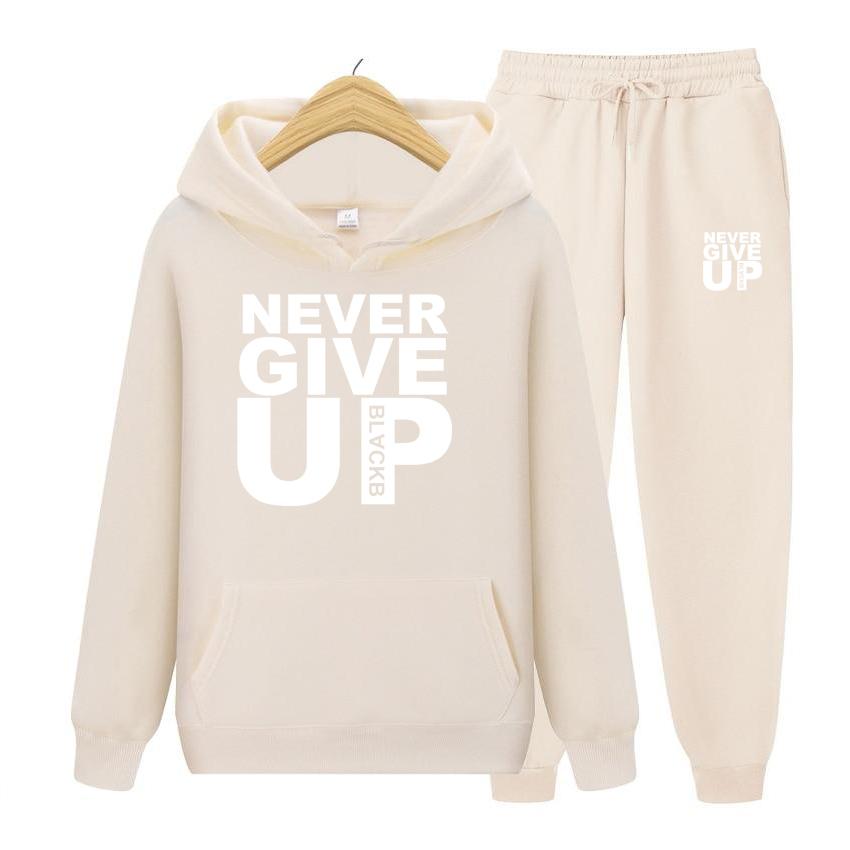 Dame Langermet Hettegenser Sett Hettegensere Sweatshirts Mykt Treningssett Aldri Gi Opp Trykk Topper Streetwear Kvalitet Pullovere