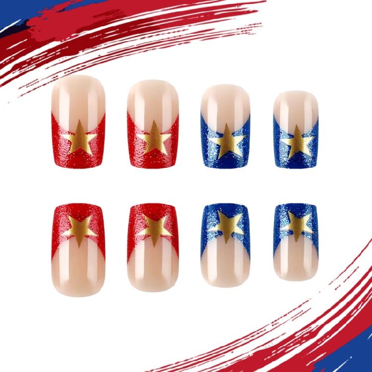 Square False Nail French Tip Press on Nail Full Cover Fake Nail Independence Day Glues on Nail Patriotic False Nail