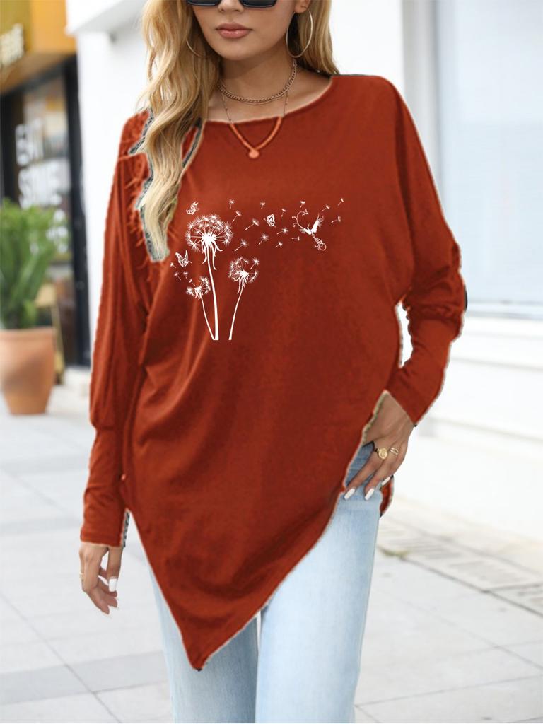 Female Fashion Printed Logn Sleeve Top Women's Oversize Long-Sleeve Spring/Fall Asymmetrical Hem T-Shirt
