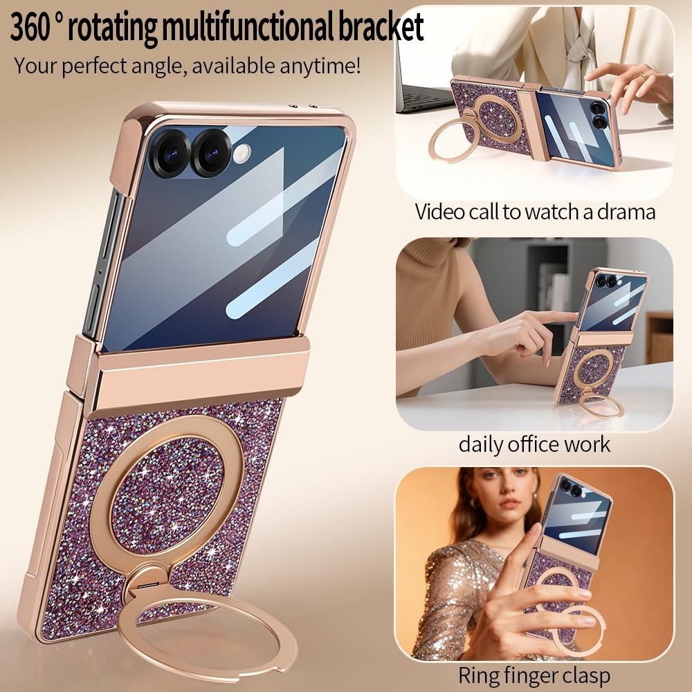 Anti-peeping Tempered Glass Bling Diamond Case For Samsung Galaxy Z Flip 7 Flip6 Magnetic Metal Bracket Hinge Shockproof Cover