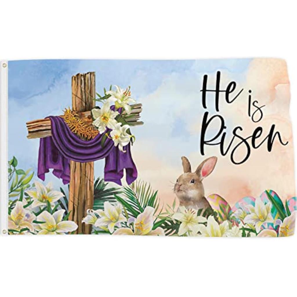 He Is Risen Easter Cross Bunny Garden Flag Outdoor Religious Spring Welcome Decor 3x5FT 4x6FT