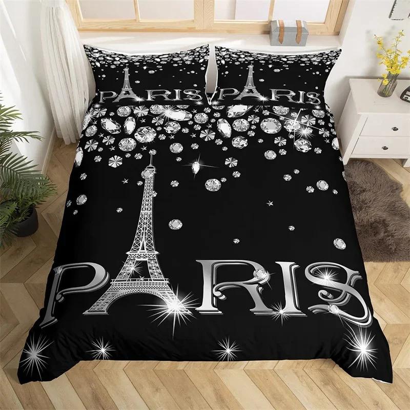 Paris Duvet Cover Set Eiffel Tower Bedding Set Queen Polyester Romantic French Flower Quilt Cover For Girl Teen Women Room Decor