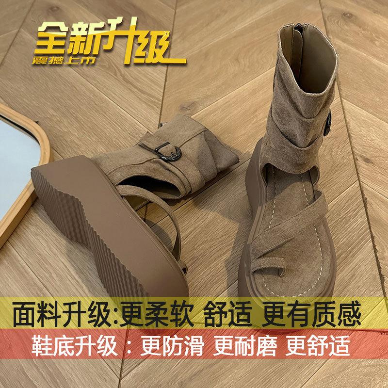 Vintage Thick-soled Roman Cool Boots for Women's 2025 Summer New Fashion Set-toed High-top Sandals Heightened Zipper Short Boots