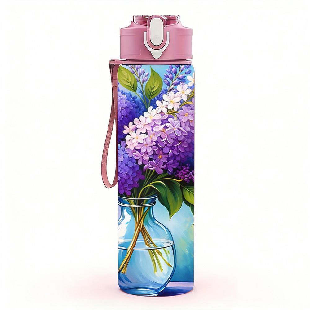 1PC Purple Lilac Vase Flower Bouquet Art 750ml Color Plastic Sports Water Bottle Leakproof Flip Straw Lid Suitable for Sports Office Home Use