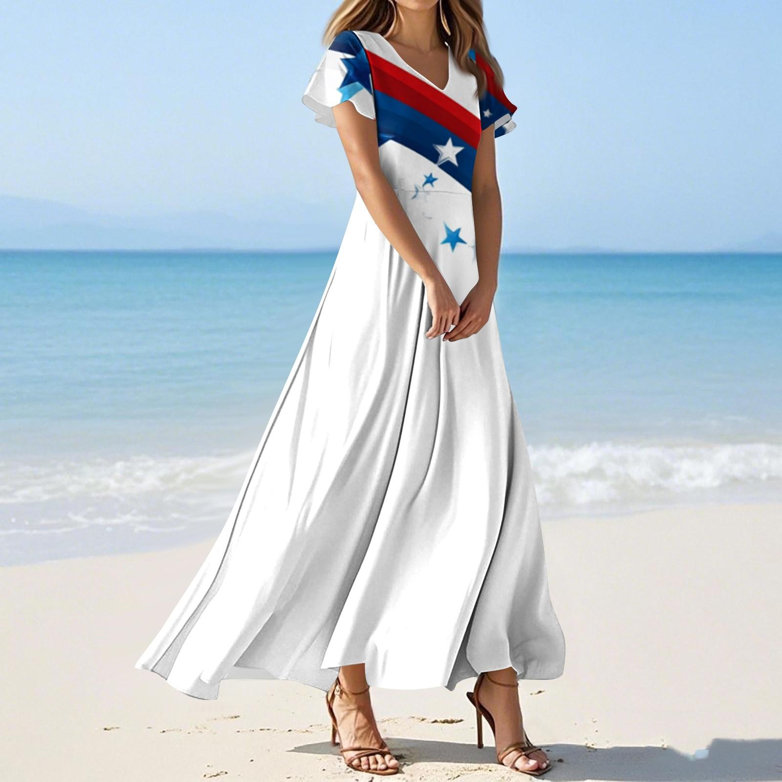 

Женские летние повседневные модные платья с принтом ко Дню независимости, платья с коротким рукавом и V-образным вырезом S белый