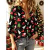 Santa and tree print minimalist shirt, casual button-down front long-sleeved shirt, women's clothing