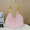 Faux Fur Tote & Crossbody Handbag with Bead-Accented Strap and Golden-Tone Charm Beads