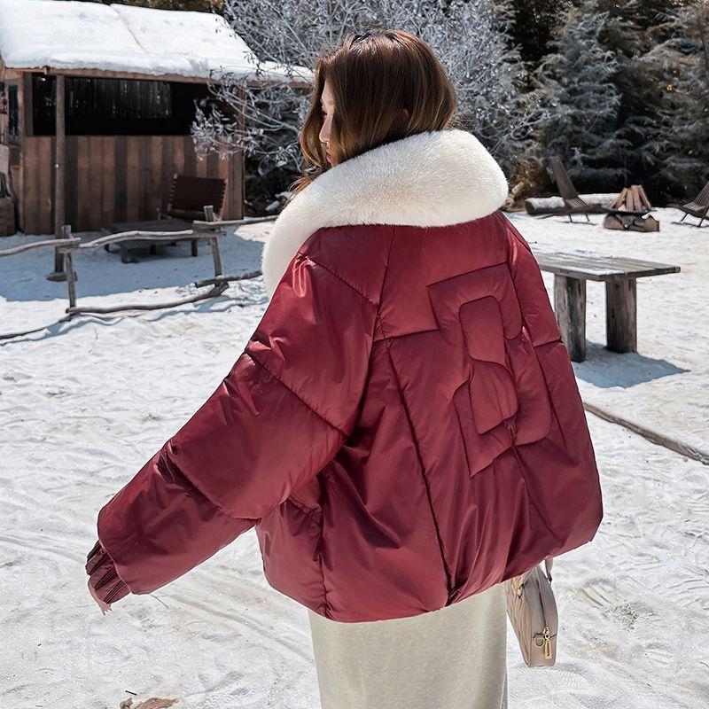 Chic Winter Women Jacket Korean Style Faux Fur Collar Slim Fit Warm Padded Coat Fashionable Outwear