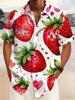 Plus Size Men'S Multi-Button Short Sleeve Shirt Strawberry Pattern Casual Stand Collar Short Sleeve Shirt Large Size Red Heart Embellishment Print
