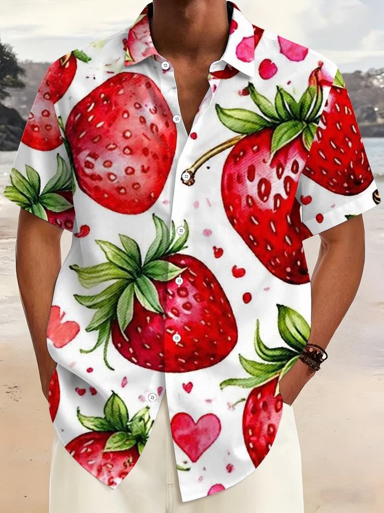 Plus Size Men'S Multi-Button Short Sleeve Shirt Strawberry Pattern Casual Stand Collar Short Sleeve Shirt Large Size Red Heart Embellishment Print