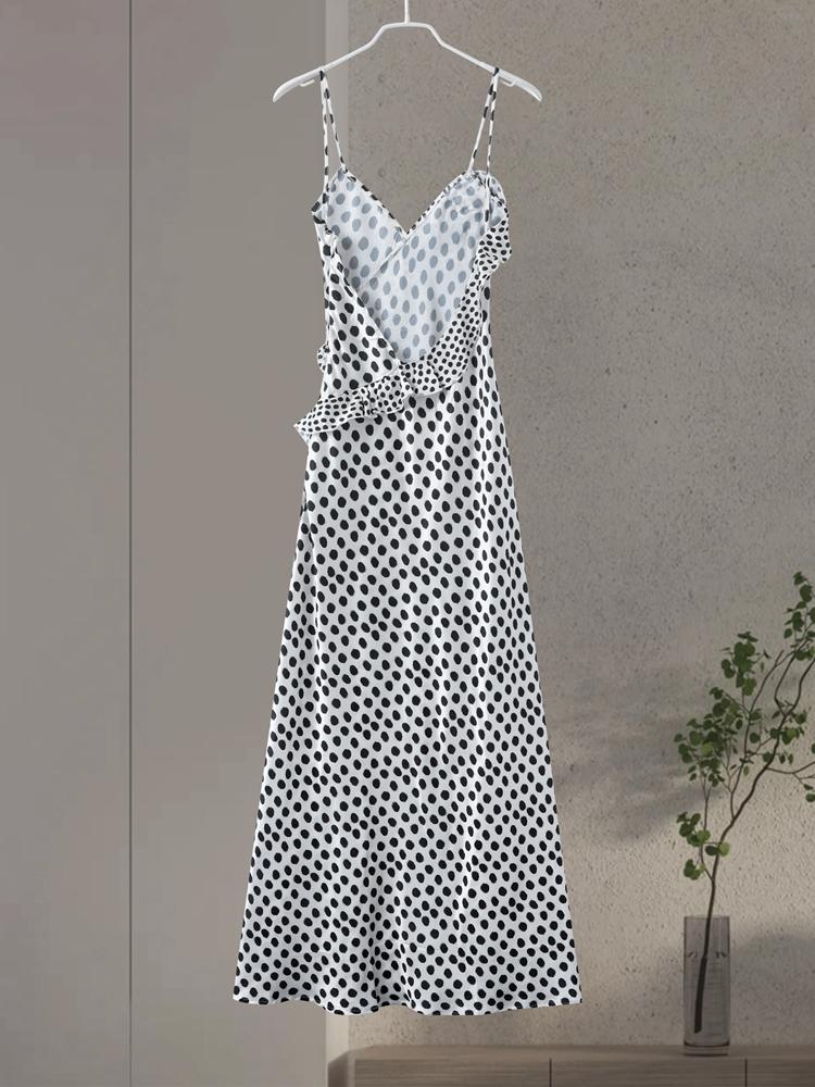 Dot Printed Sling Long Dress Women V-neck Sleeveless Backless 3D Flower Female Summer Party Holiday Lady Robe