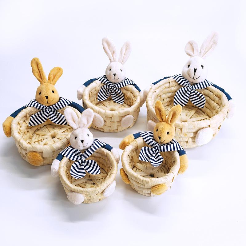 Easter Straw Braided Basket: Handcrafted Corn Husk Storage with Bunny, Bear & Colored Egg Design