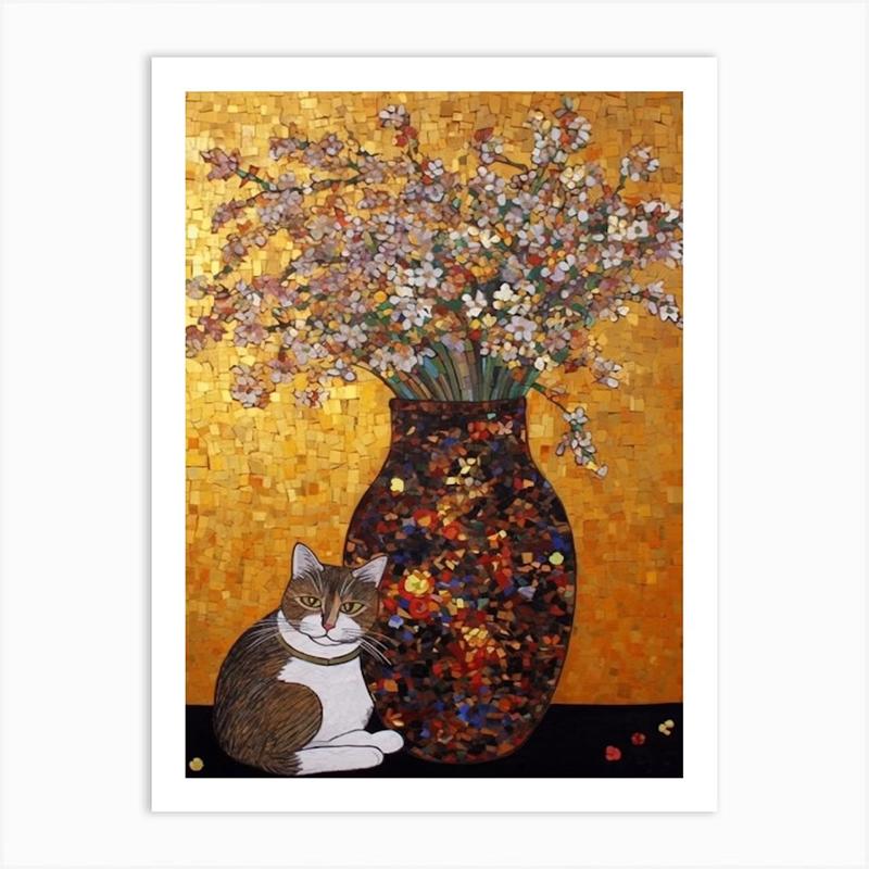 Vintage Bouquet Flower Lotus Lilies With A Cat Art Nouveau Klimt Style Art Print Poster Canvas Painting Wall Picture Room Decor