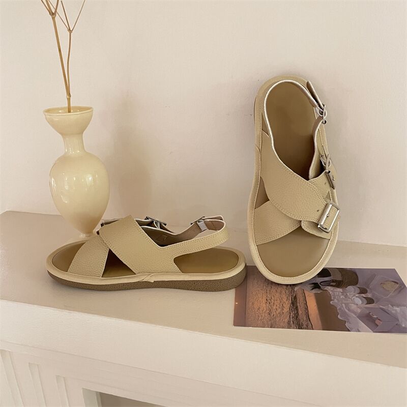 Fashion Double Buckle Slingback Sandals Women Thick Sole Cross Strap Flat Sandalias Ladies Casual Open Toe Summer Shoes