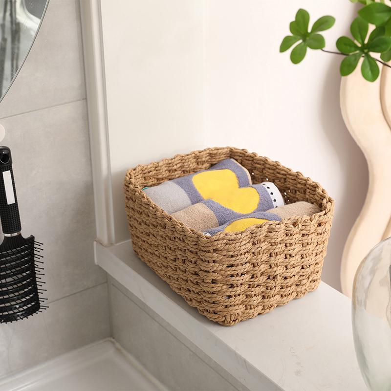 3Pcs Handmade Straw Woven Soft Round Paper Rope Storage Basket For Organizing Decorative Storage Bins Office Storage Box