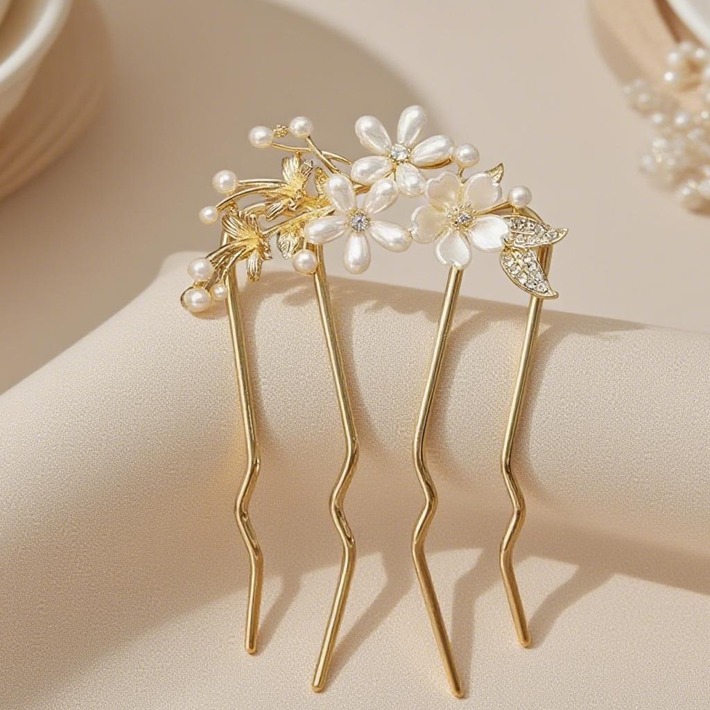French fashion retro hair accessories elegant pearl flower hairpin women's daily U-shaped hairpin women's alloy hairpin