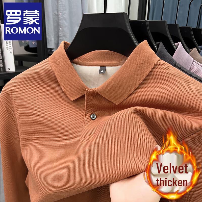 Romon Men's Fleece-Lined Cotton Long Sleeve Polo Shirt