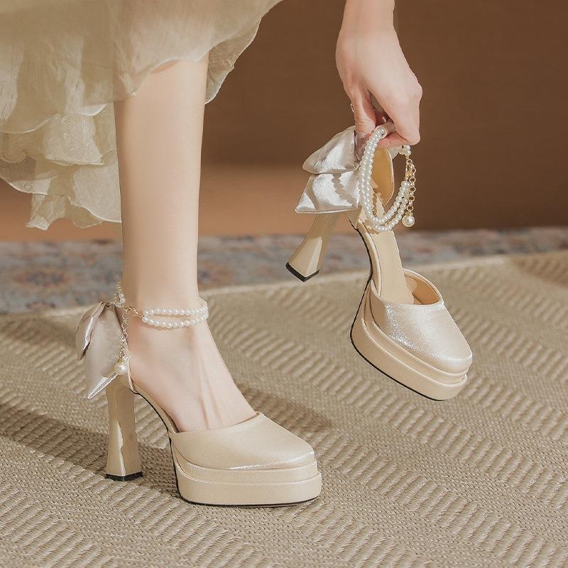 Κοίλα αδιάβροχα τραπέζι ψηλοτάκουνα χοντρό τακούνι γυναικεία 2025 άνοιξη και φθινόπωρο νέα φιόγκος ευέλικτα μονόκουμπα σαμπανιζέ παπούτσια γάμου