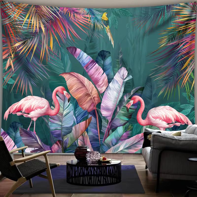 2D Watercolor Flamingo Tapestry Tropical Jungle Scene Wall Hanging