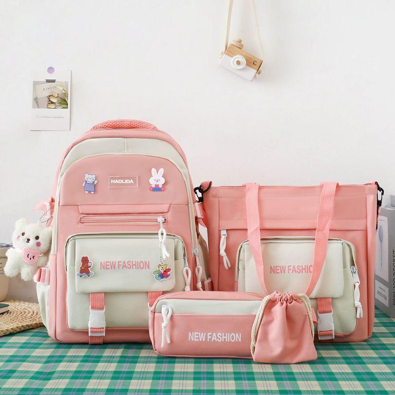 

Сумка через плечо, пенал, рюкзак средней школы, подвеска, большая вместимость, рюкзак для кампуса, контрастный цвет, мужской и женский рюкзак из 5 предметов set розовый