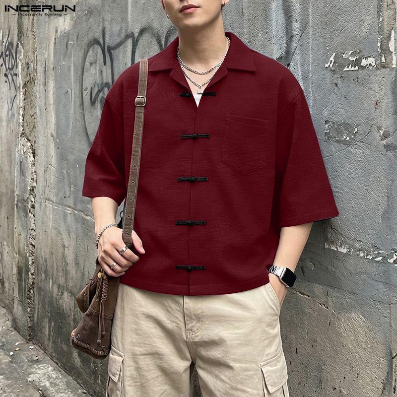 INCERUN Summer Men Lapel Neck Short Sleeve Vintage Knot Casual Shirts Tops